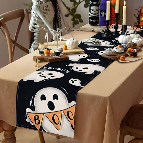 Boo Geist Halloween Tischläufer,33x183 cm Tischläufer Halloween Tischdeko Saisonnal Küche Tisch Dekoration Table Runner Halloween Urlaub Party Dekor