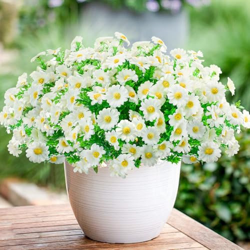Bacucine 12 paquetes de margaritas artificiales de plástico, margaritas falsas para exteriores, plantas artificiales para el hogar, ventana, maceta colgante, decoración de jardín (blanco)