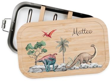 Bärenfreunde® - Personalisierte Brotdose für Kinder mit Spezial-Druck - Robuste Edelstahl Brotdose - Personalisierte Geschenke für Kinder & Erwachsene (Dinosaurier Szenario,klein Weißblech)