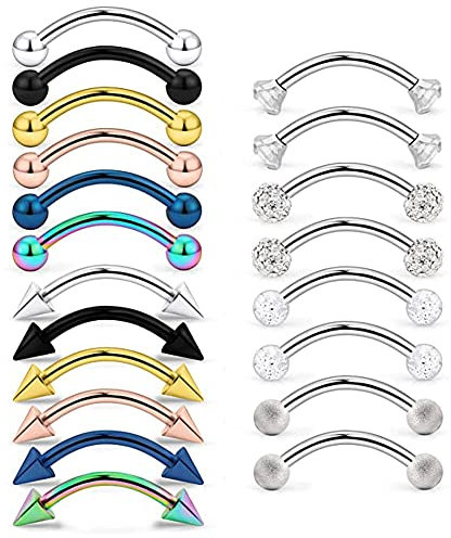 Piercing para cejas, 20 unidades, acero inoxidable de 16 g, con circonita cúbica transparente, curvada, para ombligo, cono, rook, joyería, Medium, Plástico