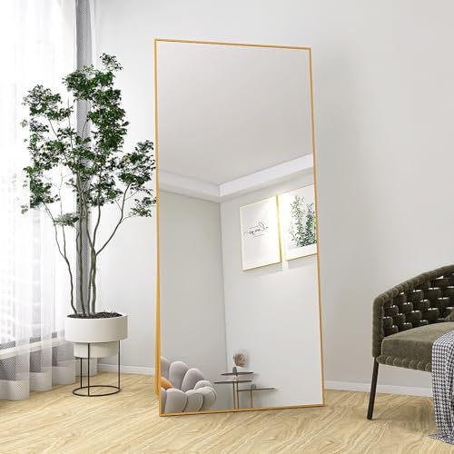 Evaolph Miroir en Pied Grand, 80 x 180 cm, Grand Miroir de Sol Pleine Longueur, Miroir sur Pied Rectangulaire, Suspendu, Rectangulaire, pour Chambre Salon Entree, Doré
