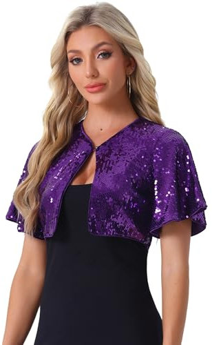 Allegra K Damen Bolero Pailletten Glitzer Shrug Party Crop Jacke Lila L