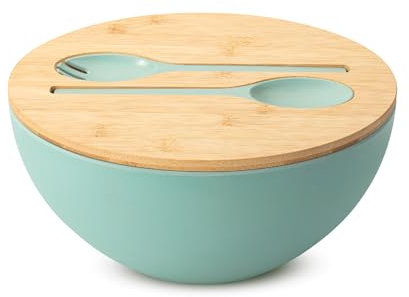 BAMBOO LAND- Extra Large Salad Bowl with Wooden Lid, 11.4 Inch/177 Oz, Mint Green, Bamboo Fiber Salad Bowl with Serving Utensils, Wide Applications