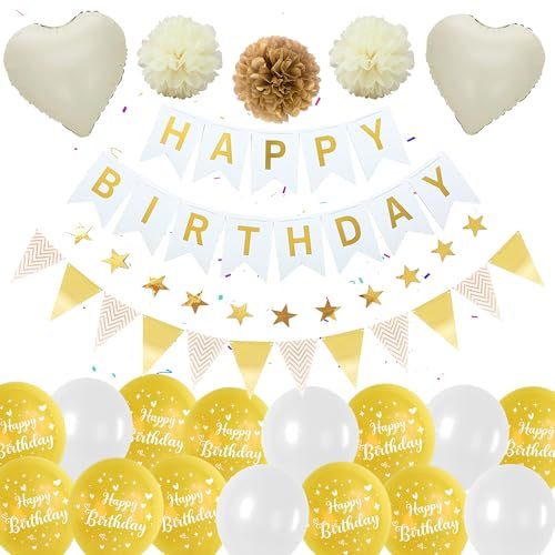 Weiß Gold Luftballons Geburtstag Dekoration - Happy Birthday Banner, Wimpel, 2m Sternen-Girlande, Konfetti Ballons, Pompons, Geeignet für alle Altersgruppen (Frauen, Mädchen, Kinder)