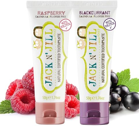 Jack N’ Jill Natural Certified Kids Toothpaste – Fluoride-Free Toddler & Baby Toothpaste with 40% Xylitol, No Sugar, Suitable from 6 Months+, Blackcurrant & Raspberry Flavour, Pack of 2 (50g Each)