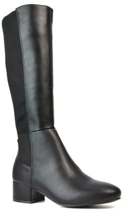 ESSEX GLAM Women's Stretchy Boots Ladies Low Heel Elasticated Calf Knee Black Synthetic Leather Biker Style Booties Size 3