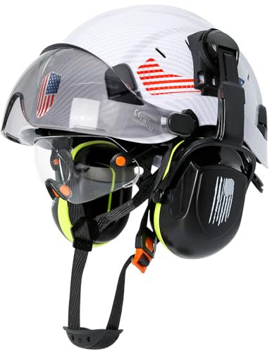 Perldverge Bau-Schutzhelm mit Visier und Gehörschutz, weiße Kohlefaser, OSHA-genehmigt, mit Visier und Ohrenschützern, Bau-/Forst-/Baumpfleger-Sicherheitshelm mit Kinnriemen