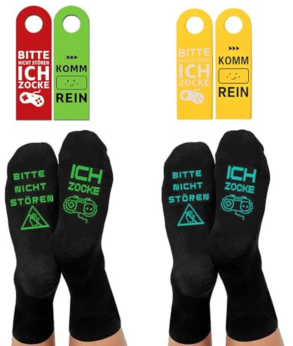 2 Paar Zocker Socken und Türanhänger aus Filz, Lustige Gamer Socken Mit Spruch Bitte Nicht Stören Ich Zocke, Gamer Geschenk für Zocker Männer Frau Teenager Geburtstag