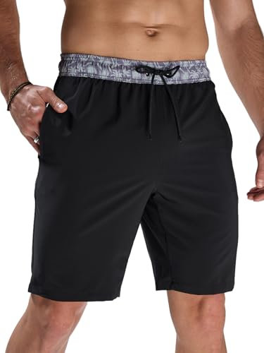 Arcweg Shorts de Baño Largos para Hombre - Secado Rápido, Múltiples Bolsillos, Ideales para Playa, Natación y Surf (Coco Negro) L