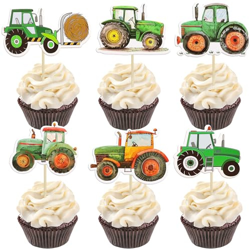Ephlyn Cupcake-Topper mit Bauernhof-Traktor-Motiv, Happy Birthday, Kuchendekoration, Babyparty, Bauparty, Auto, Traktor, Geburtstagsdekoration, 36 Stück