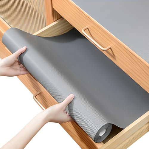 FDOUIGE Schubladenmatte 48x500cm – Eva Antirutschmatte Schubladen, Wasserfest & Nicht Klebende Schubladeneinlage für Küchenschränke, Kühlschrank und Regale (Grau)