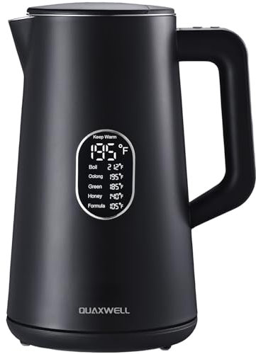 QUAXWELL - 1.5L Stainless Steel Electric Kettle - Double Wall Kettle with Cool Touch, Fast Boil, 5 Temperature Control, LED Display, Auto Shut-Off, BPA Free