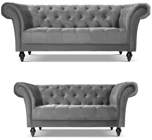 Bravich Cambridge Chesterfield Velvet Sofa Set, Grey 2 and 3 Seater Settee Suite for Living Room Furniture, Button Back with Rolled Arms, Solid Wood Frame, 2 Piece Collection
