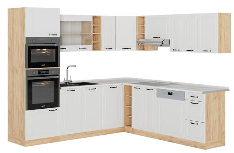 Vicco Eckküche R-Line, Weiß Landhaus/Goldkraft Eiche, 237 x 247 cm, AP Marmor