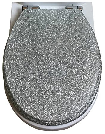 Glitter Resin Toilet Seat with Soft Close & Quick Release Hinge Silver Sparkly Finish