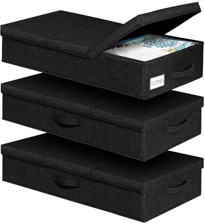 mepure 3 Pack Under Bed Storage Box with Lid, Sturdy Side & Bottom Support Underbed Storage, Foldable & Stackable Storage Boxes,Clothes, Bedding, Wardrobe Organiser,79x40x15cm, Black