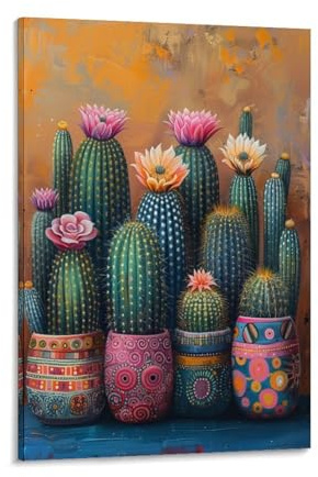 NFFBGFD Verspielte Kakteen in Einzigartigen Töpfen Leinwand-Poster, Wandkunst, Dekordruck, Bild, Gemälde für Wohnzimmer, Schlafzimmer, Dekoration, 20 x 30 cm