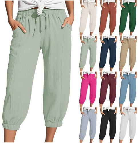 Nuoke Hosen Damen, Musselin Hose Sommerhose Damen Leicht Sommer Leinen Shorts 2025 Beach Kurze Hosen Mit Taschen Stoffhose Kleid Stretch Gerades Bein Kordelzug Leinenhose Bluse, hellgrün M