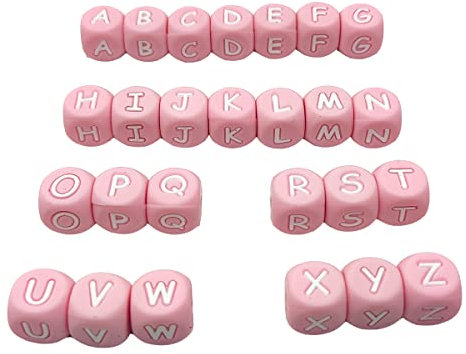 52 quadratische Silikon-Buchstabenperlen für Schlüsselanhänger, 12 mm, Silikon-Alphabet-Perlen, Name für Schmuck, Mutter, Schlüsselband, Bastelzubehör (Rosa)