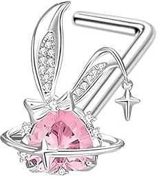 Silver Plated L-Shaped Nose Ring Stud in Cute Bunny Style with Zirconia, Dainty 18G Nose Pin Stud with CZ L-Post Screw for Tiny Nostril Piercing - Silver