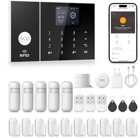 PGST GSM WiFi Funk Alarmanlage Haus - Smartphone App und SMS/Anruf - mit Sirene Fenster Türsensor Bewegungsmelder Fernbedienungen RFID,Funktioniert mit Alexa