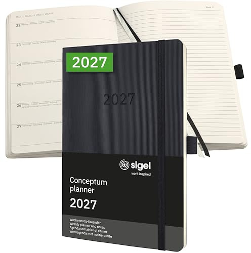 SIGEL Conceptum Wochennotiz Kalender 2027 A5 Softcover schwarz | C2724, 192 Seiten, Terminplaner mit Gummiband, Stiftschlaufe, Archivtasche, aus nachhaltigem Papier, Kalenderbuch Conceptum