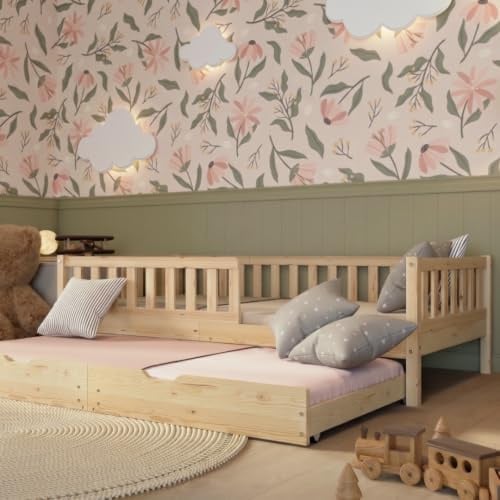 Crazy Pine Kinderbett mit Ausziehbett 100x200 cm – Kinderbett aus Naturholz mit Rausfallschutz – Montessori Bett mit Schublade mit Schlaffunktion und Abnehmbarer Barriere - Crazy Basic