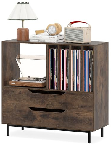 COSTWAY Meuble Vinyle avec 2 Tiroirs, Rangement Platine Vinyle 5 Compartiments, Support de Tourne-Disque pour CD/DVD, Grand Meuble HiFi pour Salon, Chambre (Marron Rustique)