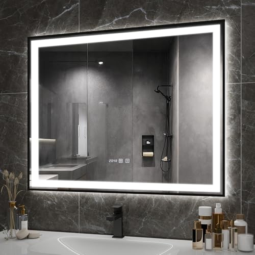 YU YUSING Badspiegel mit Beleuchtung 100x80cm Badezimmerspiegel LED mit Uhr | Beschlagfrei 3 Lichtfarbe Dimmbar, Wandspiegel Metallrahmen mit Touch-Schalter, LED Spiegel mit IP44, Vertikale Schwarz