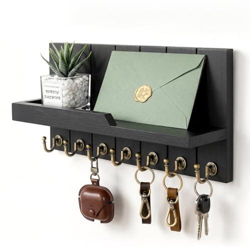 Schlüsselbrett Holz mit Ablage & 7 Haken, für Schlüssel, Post & Accessoires | Wandmontage Schlüsselbrett Schwarz, Stabil & einfache Montage, für Eingang, Flur & Wohnzimmer