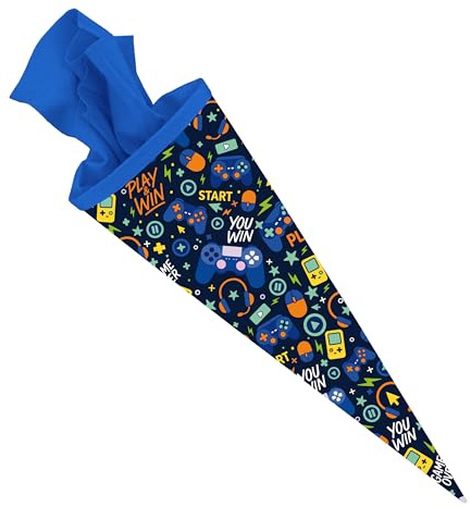 itenga Motiv Schultüte 70cm rund Jungen – mit hochwertigem Filzverschlus – stabile Zuckertüte mit Motivdruck zur Einschulung - große Motivauswahl Traktor, Rennauto, Gaming (Gaming - Play and Win)
