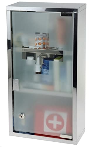 Spetebo Medizinschrank mit Glastür und Erste-Hilfe Kreuz - Medikamentenschrank aus Edelstahl - abschließbar