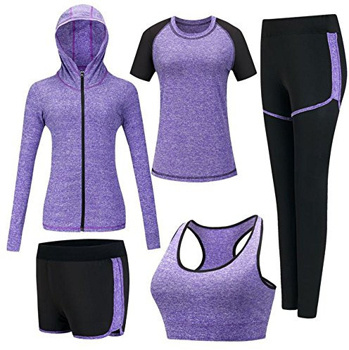 ZETIY Tute da Ginnastica Donna Set, 5 Pezzi Abbigliamento Sportivo Donna per Pilates Yoga Jogging Gym Workout Ginnastica Include Manica Lunga e Corta, Pantaloni, Reggiseno - Viola - M