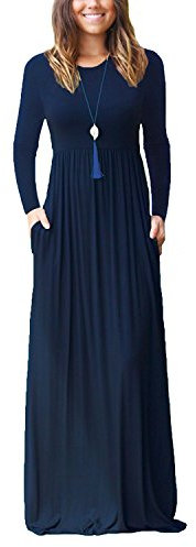 PCEAIIH Women Long Sleeve Loose Plain Maxi Dresses Casual Long Dresses with Pockets XL-Navy Blue
