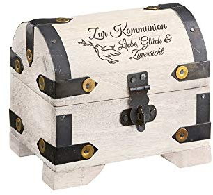Casa Vivente Kleine Schatztruhe mit Gravur zur Kommunion, Motiv Taube, Weißes Holz, Vintage Bauernkasse, Messing-Beschläge, Verpackung für Geldgeschenke, Geschenkideen für Mädchen und Jungen