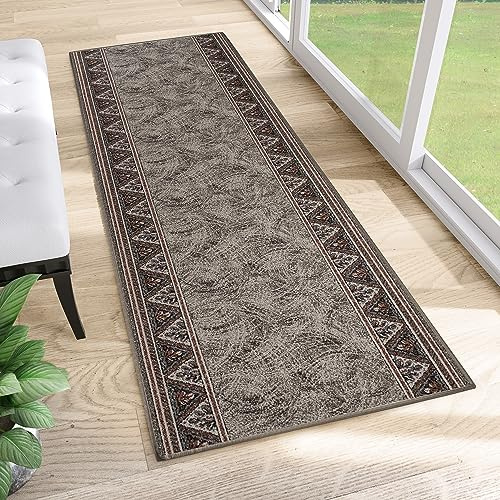TAPISO Anti Rutsch Teppich Läufer rutschfest Brücke Meterware Oriental Floral Design Meliert Grau Rot Flur Küche Wohnzimmer 120 x 300 cm