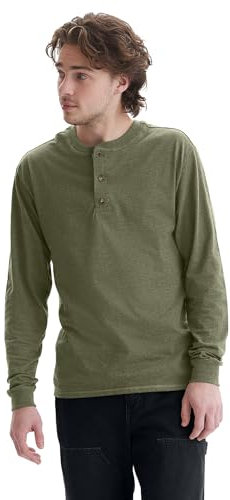 Hanes Men's T Beefyt Henley Cotton Long Sleeve Shirts, Camouflage Green HTR, XXL