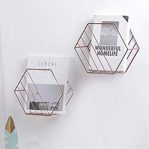 Ablerhome Decoration Set of 2 Mounted Magazine Rack Rose Gold Metal Home Storage Display Hexagonal Shelving LARGE & SMALL (Gold Metal Style)