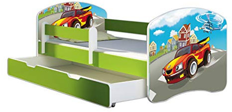 ACMA Kinderbett Jugendbett mit Einer Schublade und Matratze Grün mit Rausfallschutz Lattenrost II 140x70 160x80 180x80 (03 Racing Car, 180x80 + Bettkasten)