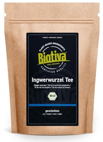 Tè di radice di zenzero biologico 200g | Tè allo zenzero tagliato | speziato | Tè alle erbe | Imbottigliato e controllato in Germania | Biotiva