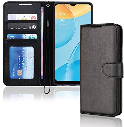 TECHGEAR Leder Hülle Oppo A15 / A15s - PU Leder Flip Case Schutzhülle Ledertasche [Brieftasche] Handyhülle mit Ständer und Handschlaufe Beutel kompatibel mit Oppo A15 / A15s - Schwarz