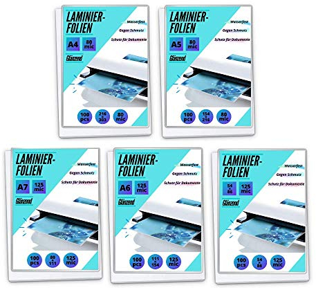 MK PREMIUM Laminierfolien-Set 5x100 Stück - 80 mic A4/A5 & 125 mic A6/A7/54x86 mm - Laminierfolien Starterset