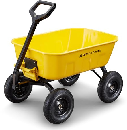 Gorilla Carts Heavy-Duty Steel Dump Cart, 8 Cu Ft Tub, 1200 lb Haul Capacity, Yellow – Towable Utility Wagon with Quick-Release Dumping & Pneumatic Tires for Yard, Landscaping and Gardening