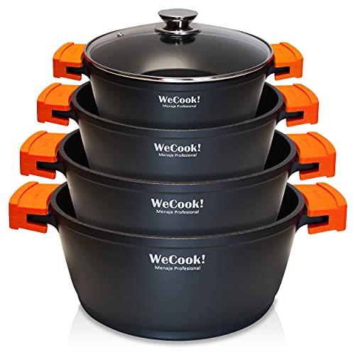 WECOOK! EcoChef Titan Kochtopf Set für Induktionsküche, 8-teilig, Aluminiumguss, 4 Töpfe, Antihaftbeschichtung QuanTanium ohne PFOA, Set Töpfe Glasdeckel, Silikongriffe, Glaskeramik, Gas, 16-20-24-28