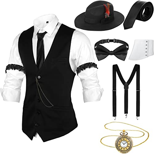Blulu 1920er Herren Zubehör Manhattan Fedora Kleidung Kostüm Halloween Cosplay Outfit mit Weste Hut Taschenuhr (L)