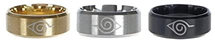 Naruto Ring Set mit Konoha Logo | Edelstahl | 3 Stk | Gold, Schwarz, Silber | Größe: 12