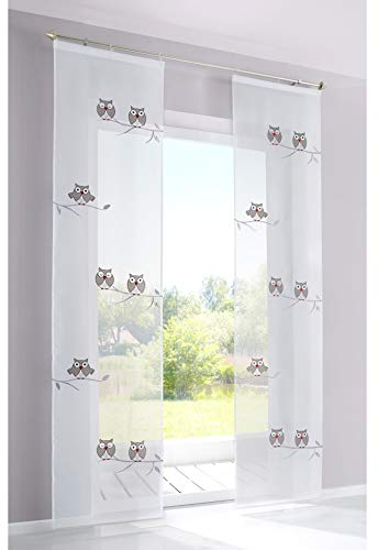 Devola Voile Gardine Schiebevorhang mit Eule Muster Bestickte schiebegardinen Transparente Flächenvorhänge HxB 245x57cm mit Klettband Weiß 1er Pack
