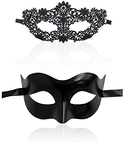Lot de 2 masques couples, 1 motif floral, 1 style classique noir pour une fête sexy élégante, carnaval Venise, Halloween, mascarade, demi-masque mystérieux avec les yeux bandés homme et femme