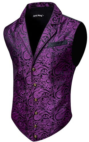 Barry.Wang Viktorianische Herren-Weste, Steampunk, Gothic, Paisleymuster, maßgeschneiderter Kragen, Weste, Halloween-Motto-Party, Dunkles Violett, Small