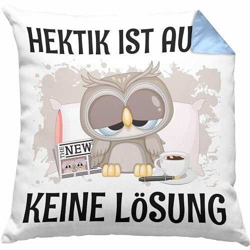 Trendation Hektik Ist Auch Keine Lösung Eulen Kissen mit Füllung 40x40 (Blau)